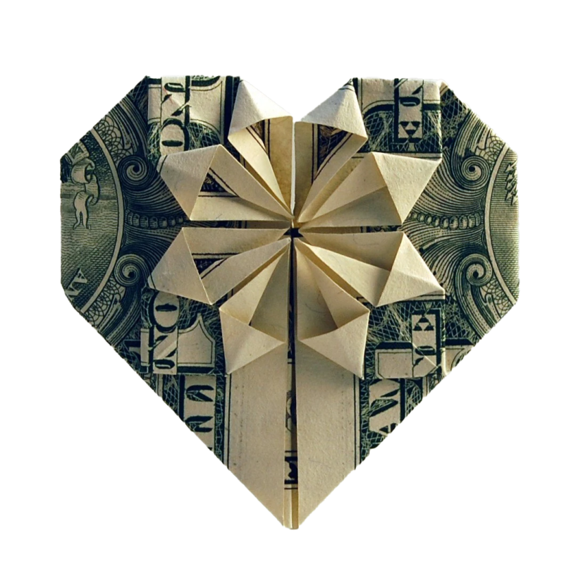 origami heart made from dollar bill