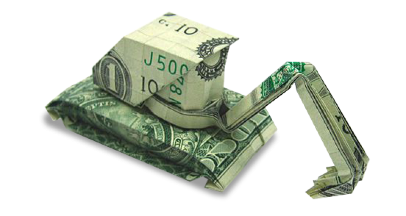 Origami construct crane made from US Dollar bill